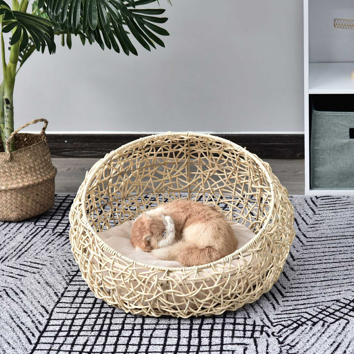 Cat Bed Made Of Rattan Comfortable Cat Cave With Cushion, Cat Basket & Dog Bed, Beige, Ø56X35Cm