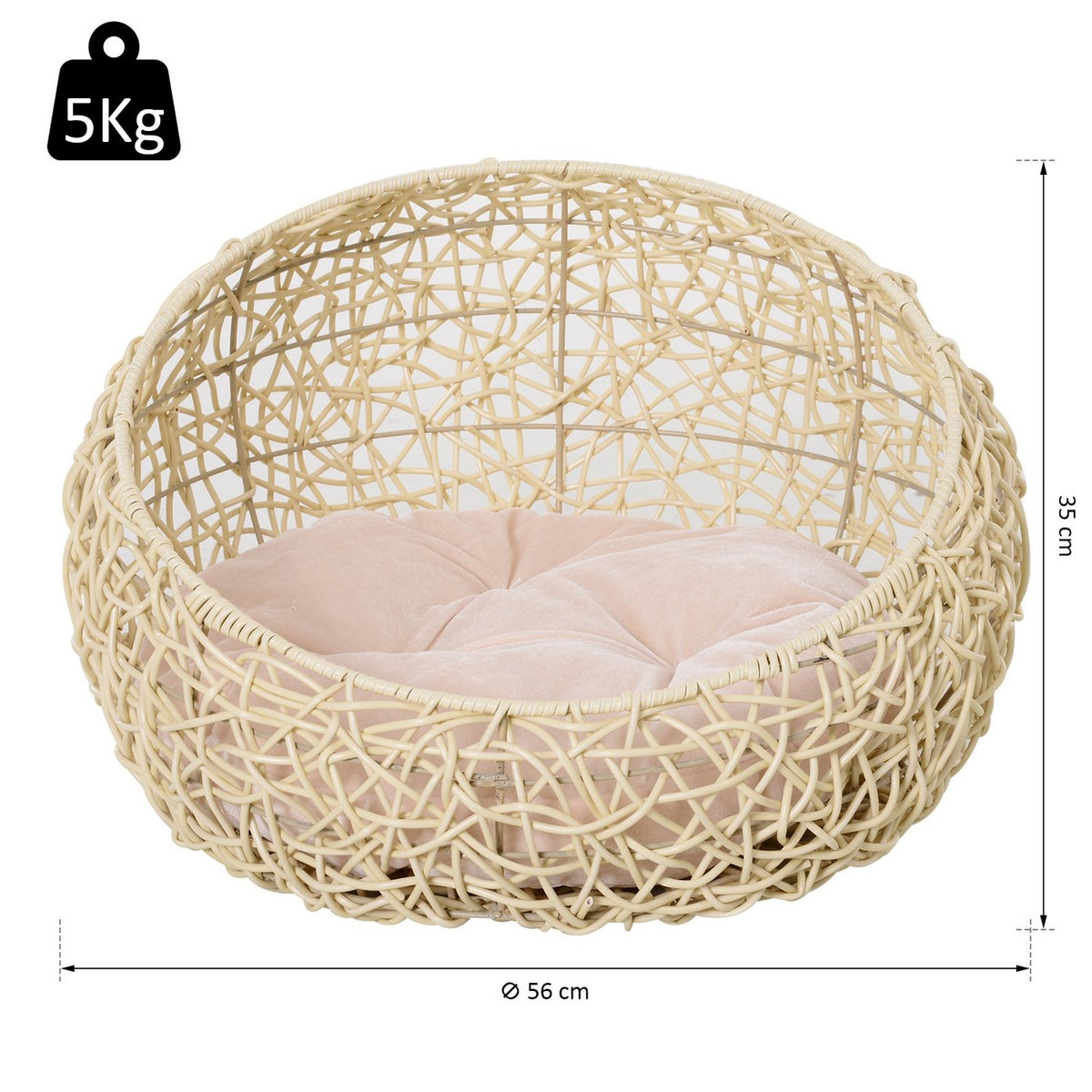 Cat Bed Made Of Rattan Comfortable Cat Cave With Cushion, Cat Basket & Dog Bed, Beige, Ø56X35Cm
