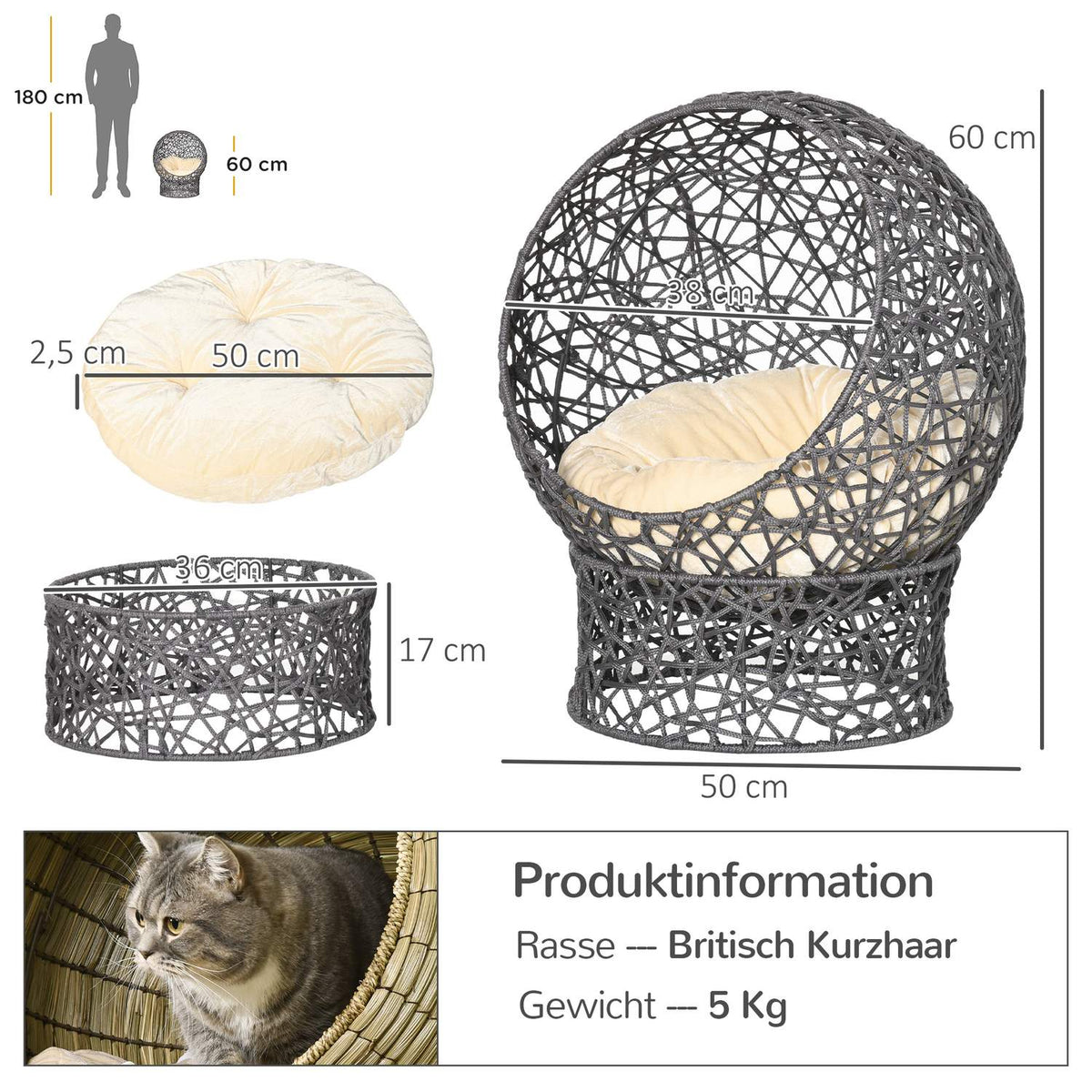Cat Bed Stylish Cat Cave With Cushion, Polyester Rope, Purple + Cream White, Cylindrical Base