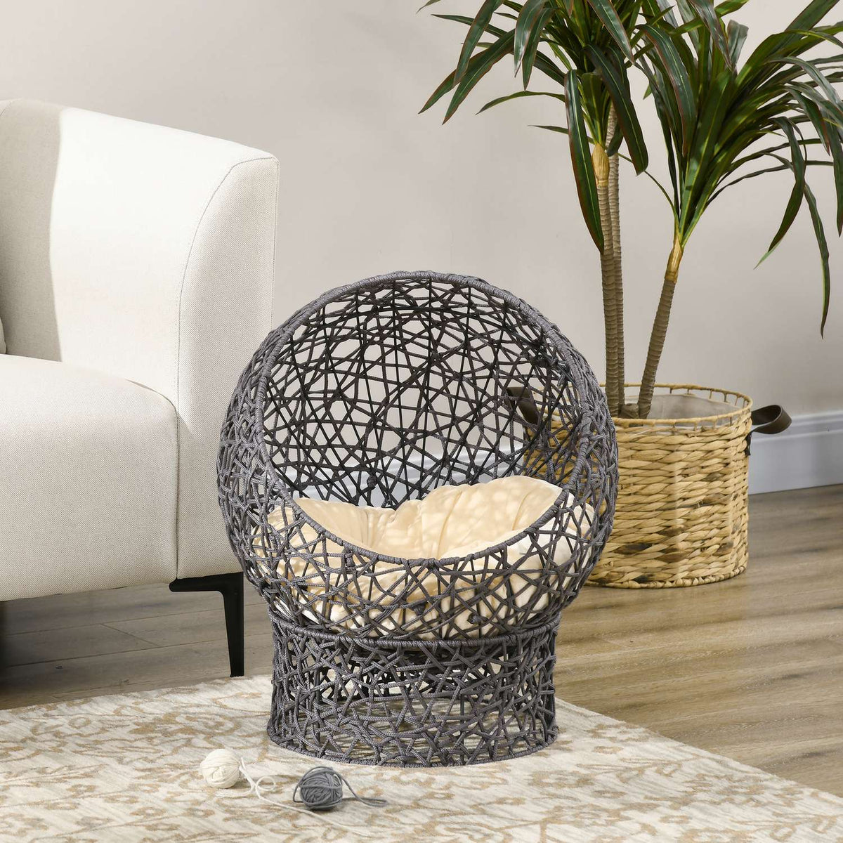 Cat Bed Stylish Cat Cave With Cushion, Polyester Rope, Purple + Cream White, Cylindrical Base