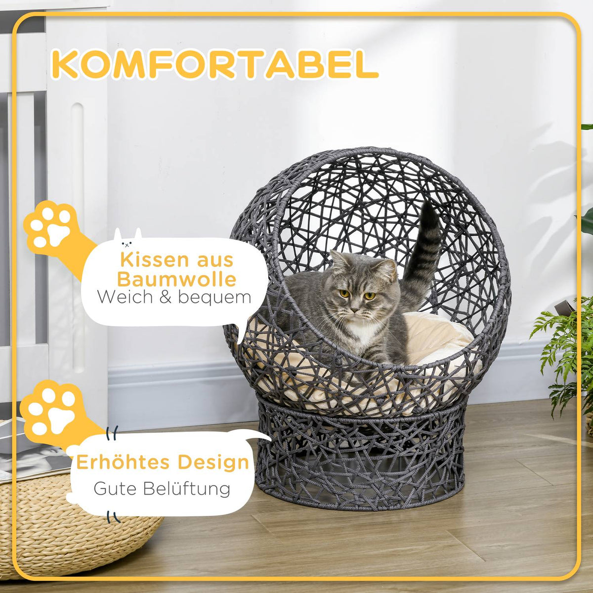 Cat Bed Stylish Cat Cave With Cushion, Polyester Rope, Purple + Cream White, Cylindrical Base