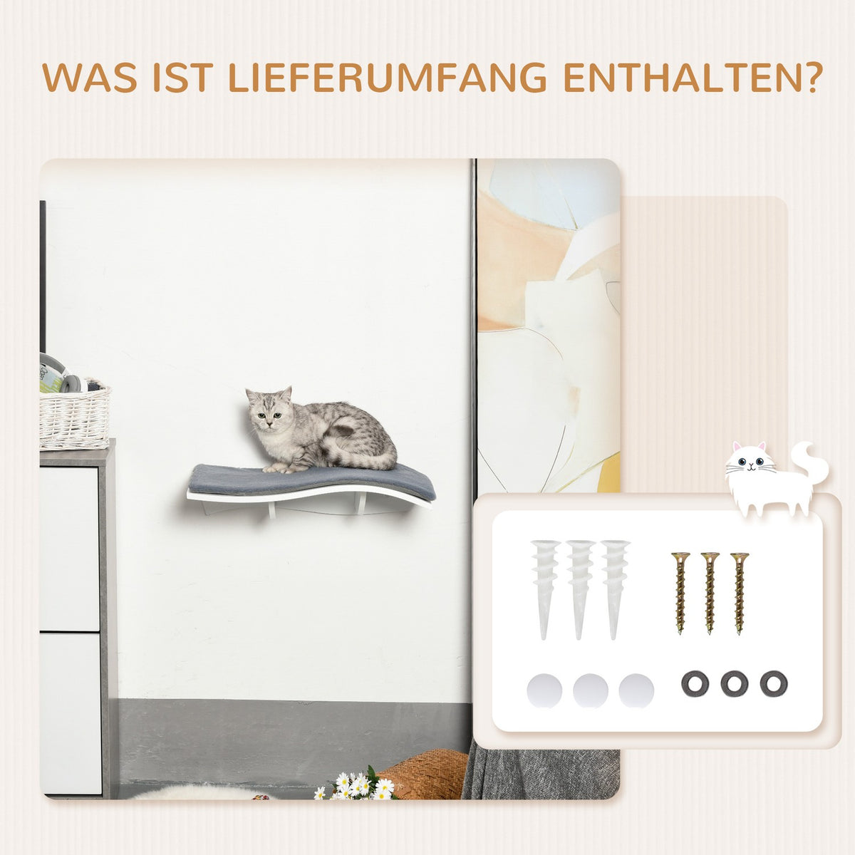Cat Bed Wall Lounger Wall Mounted With Plush Cushion, Mdf, For Cats, White + Gray, 53X28X12Cm