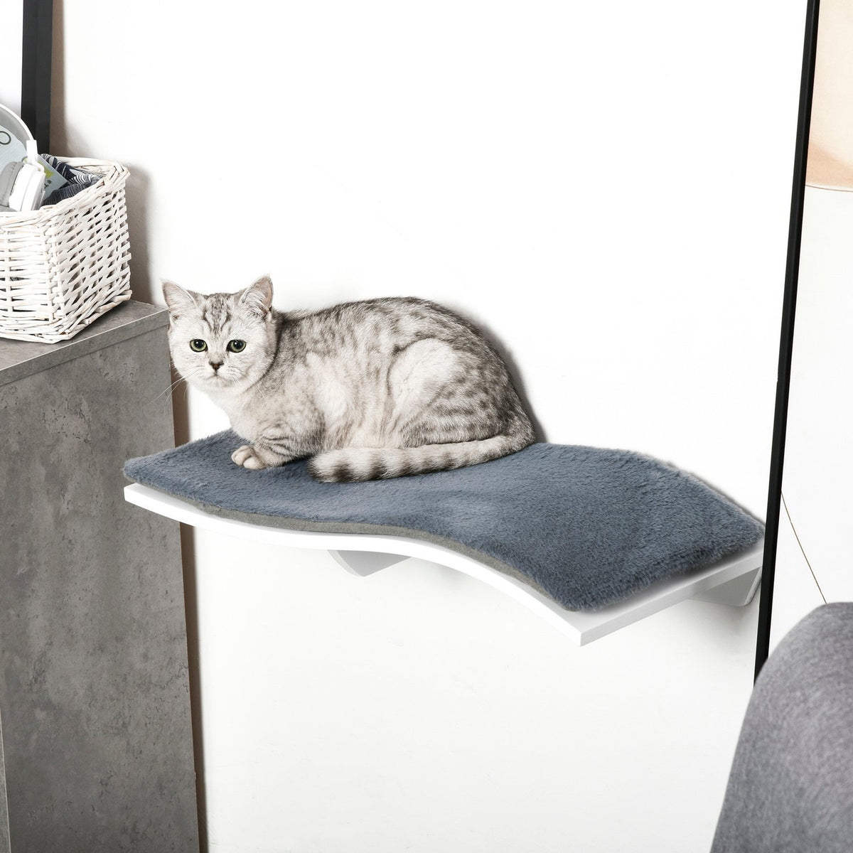 Cat Bed Wall Lounger Wall Mounted With Plush Cushion, Mdf, For Cats, White + Gray, 53X28X12Cm