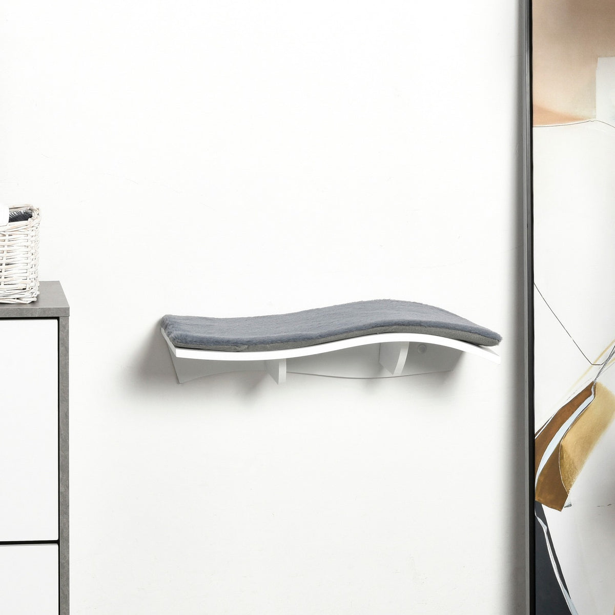 Cat Bed Wall Lounger Wall Mounted With Plush Cushion, Mdf, For Cats, White + Gray, 53X28X12Cm