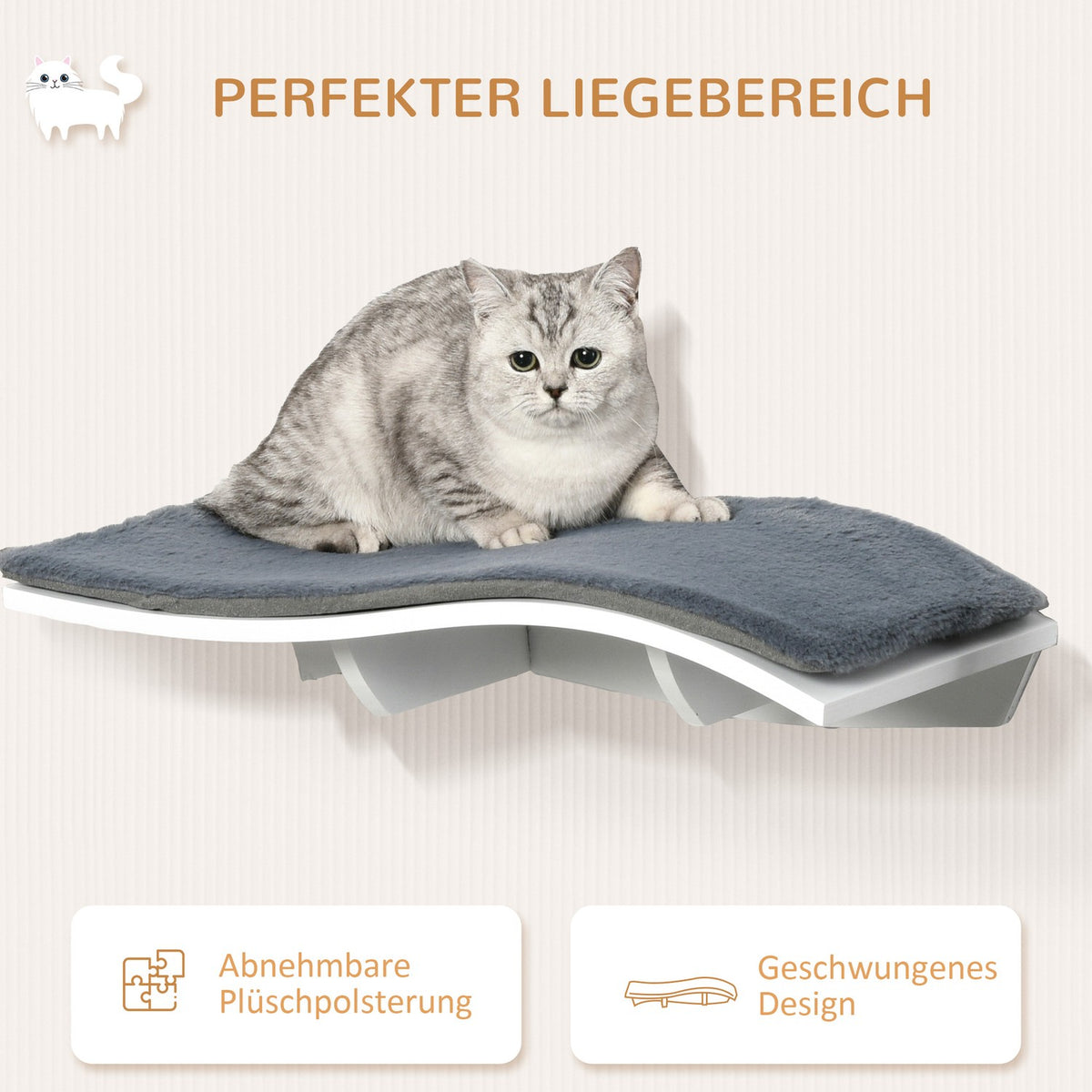 Cat Bed Wall Lounger Wall Mounted With Plush Cushion, Mdf, For Cats, White + Gray, 53X28X12Cm