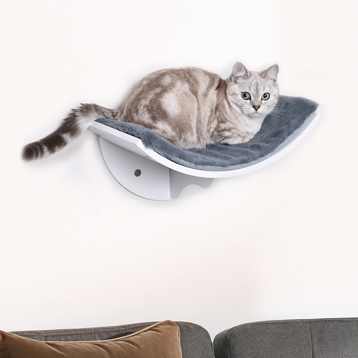 Cat Bed Wall Mounted Stylish Wall Lounger For Cats, Plush Cushion, Mdf, Easy Installation, White + Gray, 41X28X21Cm
