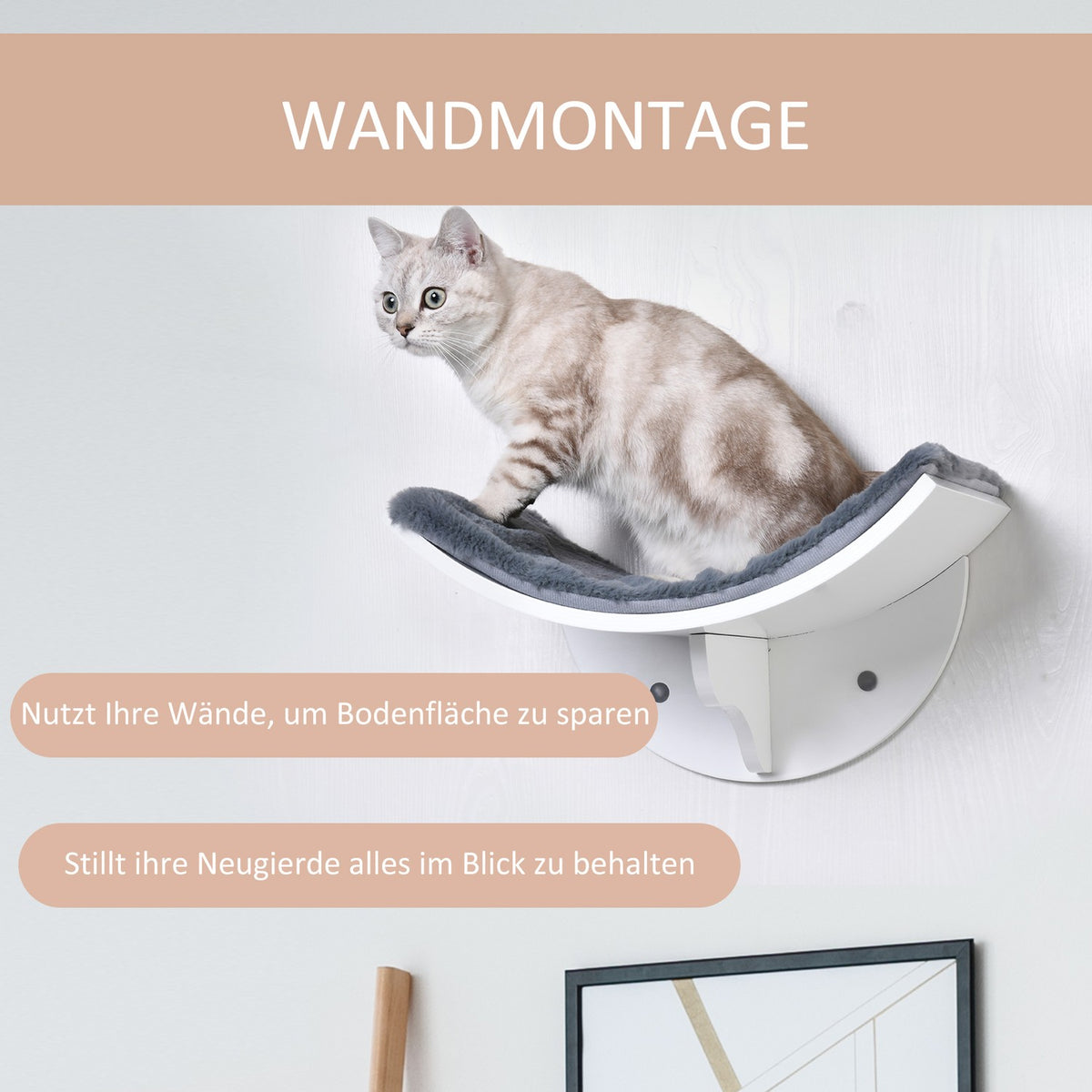Cat Bed Wall Mounted Stylish Wall Lounger For Cats, Plush Cushion, Mdf, Easy Installation, White + Gray, 41X28X21Cm