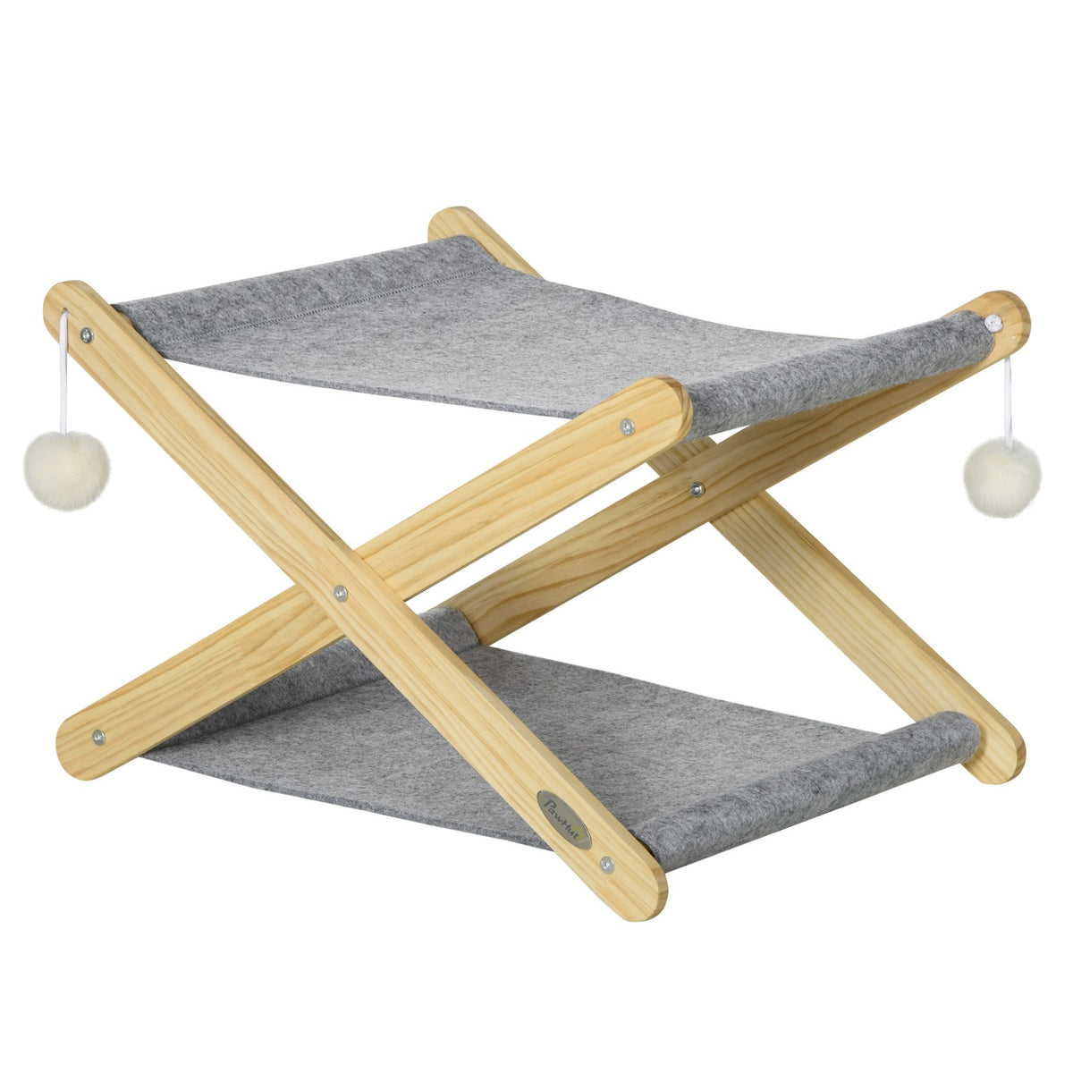 Cat Bed With Frame 2 Levels, Ball Toy, Foldable, Pine Wood, Natural & Gray, 52X42X33.5Cm