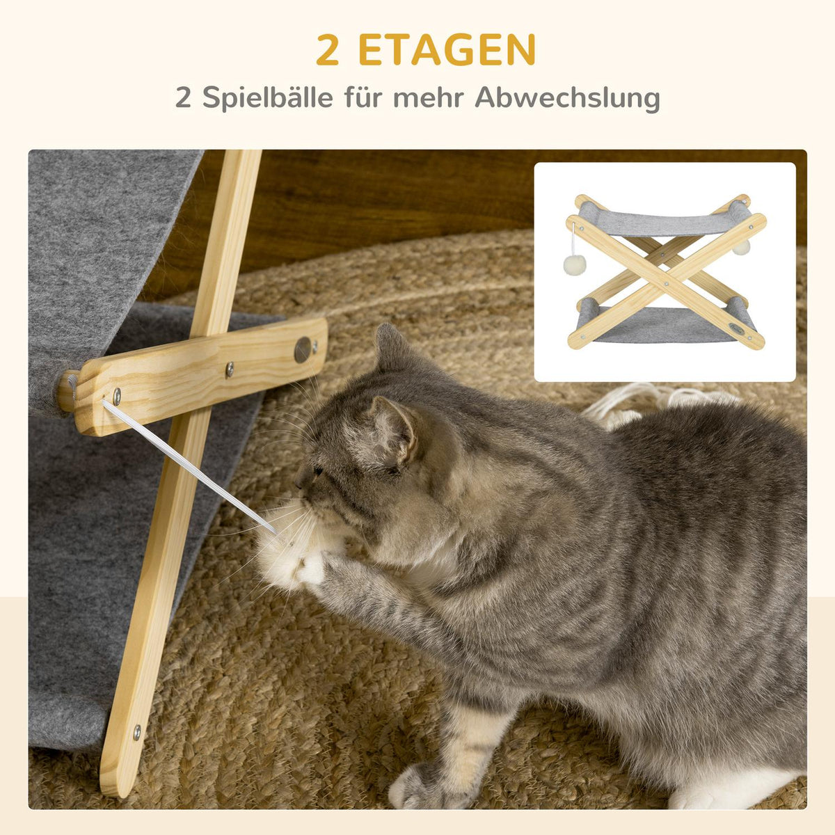 Cat Bed With Frame 2 Levels, Ball Toy, Foldable, Pine Wood, Natural & Gray, 52X42X33.5Cm