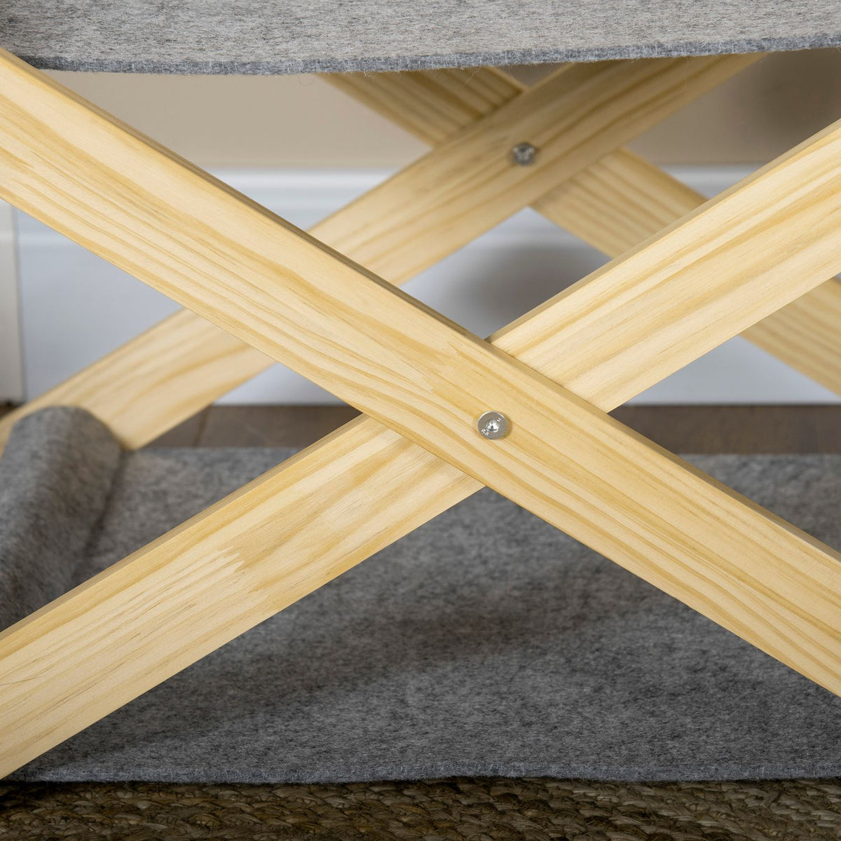 Cat Bed With Frame 2 Levels, Ball Toy, Foldable, Pine Wood, Natural & Gray, 52X42X33.5Cm
