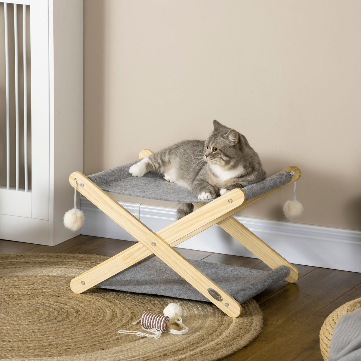 Cat Bed With Frame 2 Levels, Ball Toy, Foldable, Pine Wood, Natural & Gray, 52X42X33.5Cm