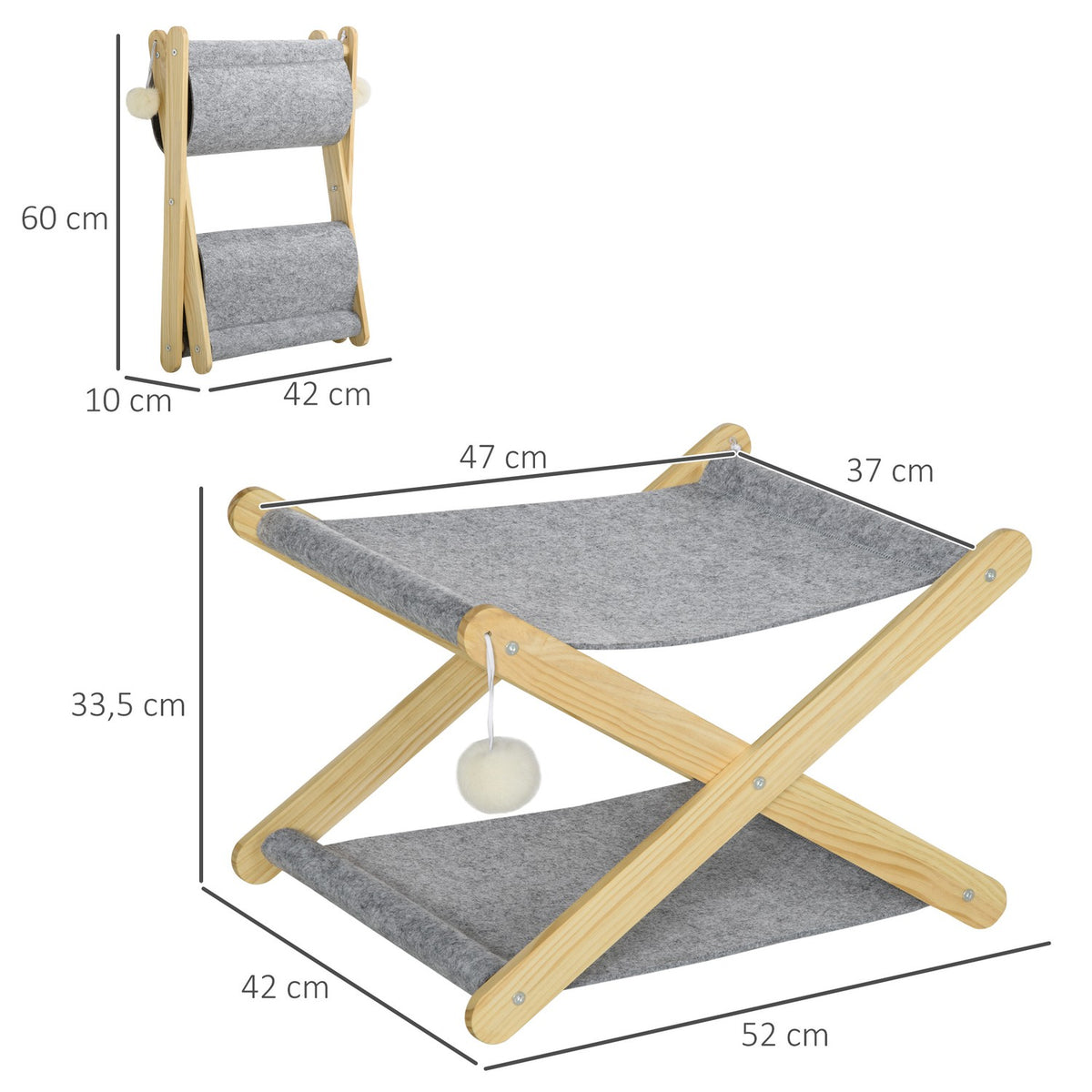 Cat Bed With Frame 2 Levels, Ball Toy, Foldable, Pine Wood, Natural & Gray, 52X42X33.5Cm