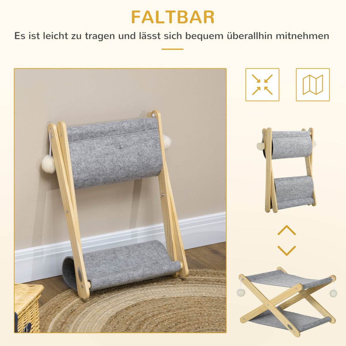 Cat Bed With Frame 2 Levels, Ball Toy, Foldable, Pine Wood, Natural & Gray, 52X42X33.5Cm