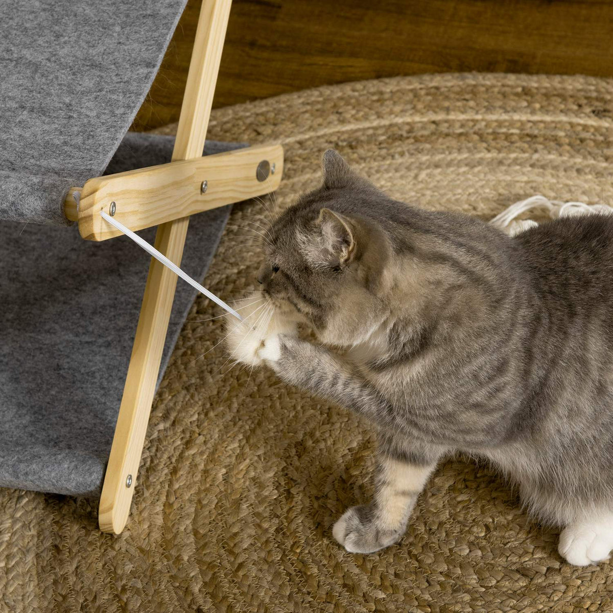 Cat Bed With Frame 2 Levels, Ball Toy, Foldable, Pine Wood, Natural & Gray, 52X42X33.5Cm