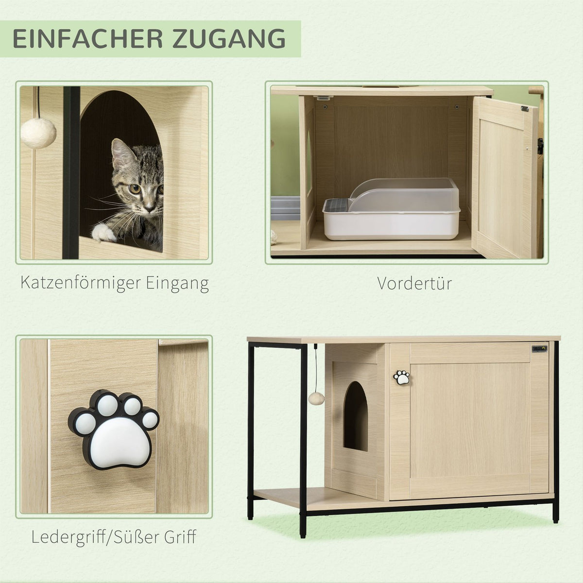 Cat Cabinet Cat Toilet In Cabinet Design, With Play Ball & Side Table, Oak, Magnetic Door, 86X48X52Cm
