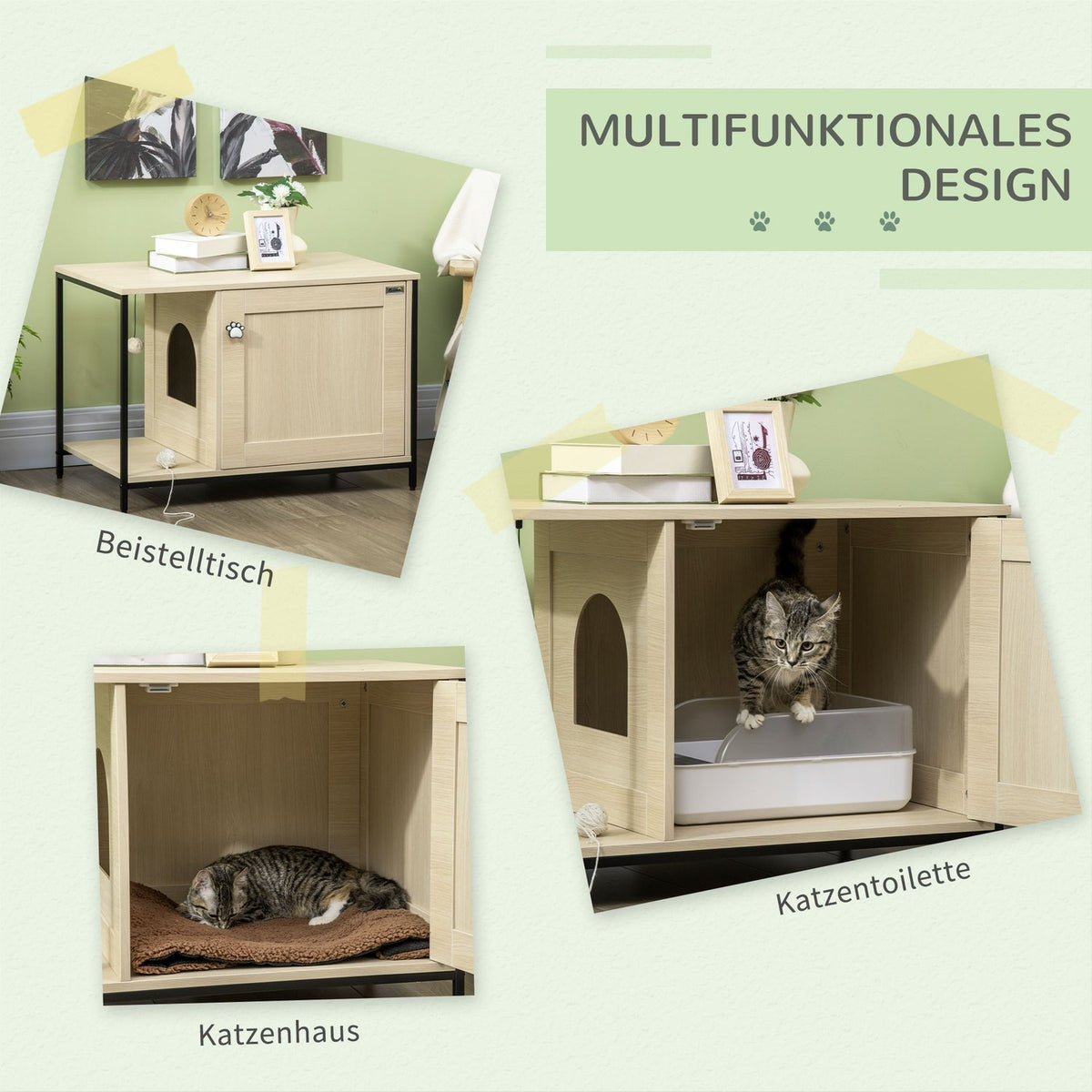 Cat Cabinet Cat Toilet In Cabinet Design, With Play Ball & Side Table, Oak, Magnetic Door, 86X48X52Cm