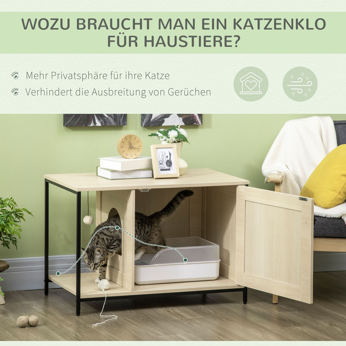 Cat Cabinet Cat Toilet In Cabinet Design, With Play Ball & Side Table, Oak, Magnetic Door, 86X48X52Cm