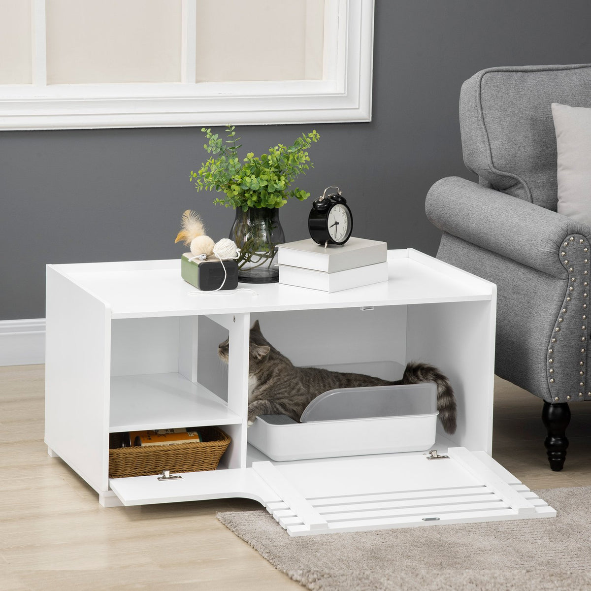 Cat Cabinet For Cat Litter Box Cat House With Magnetic Door, Side Table Design, Mdf, White