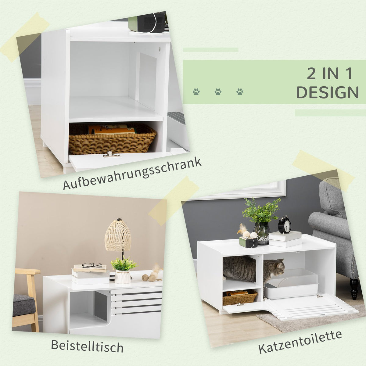 Cat Cabinet For Cat Litter Box Cat House With Magnetic Door, Side Table Design, Mdf, White