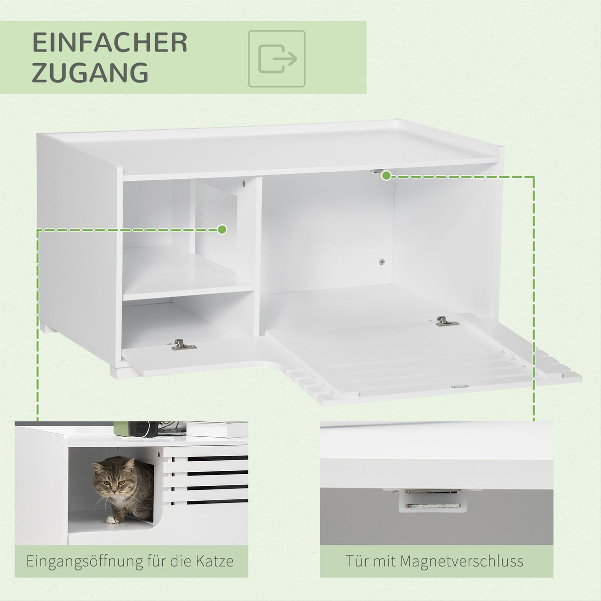 Cat Cabinet For Cat Litter Box Cat House With Magnetic Door, Side Table Design, Mdf, White