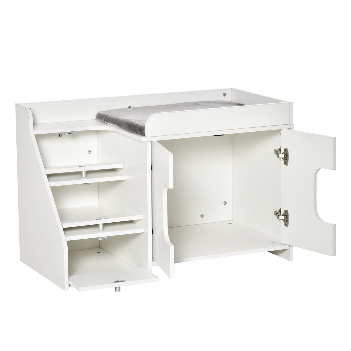 Cat Cabinet For Cat Litter Box Hidden Litter Box With 3-Step Stairs, Door Opening, Pb Plate, White, 90X48X59Cm