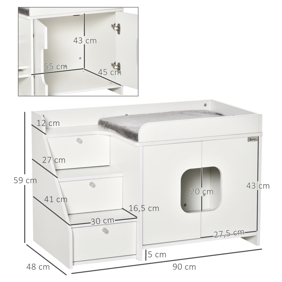 Cat Cabinet For Cat Litter Box Hidden Litter Box With 3-Step Stairs, Door Opening, Pb Plate, White, 90X48X59Cm