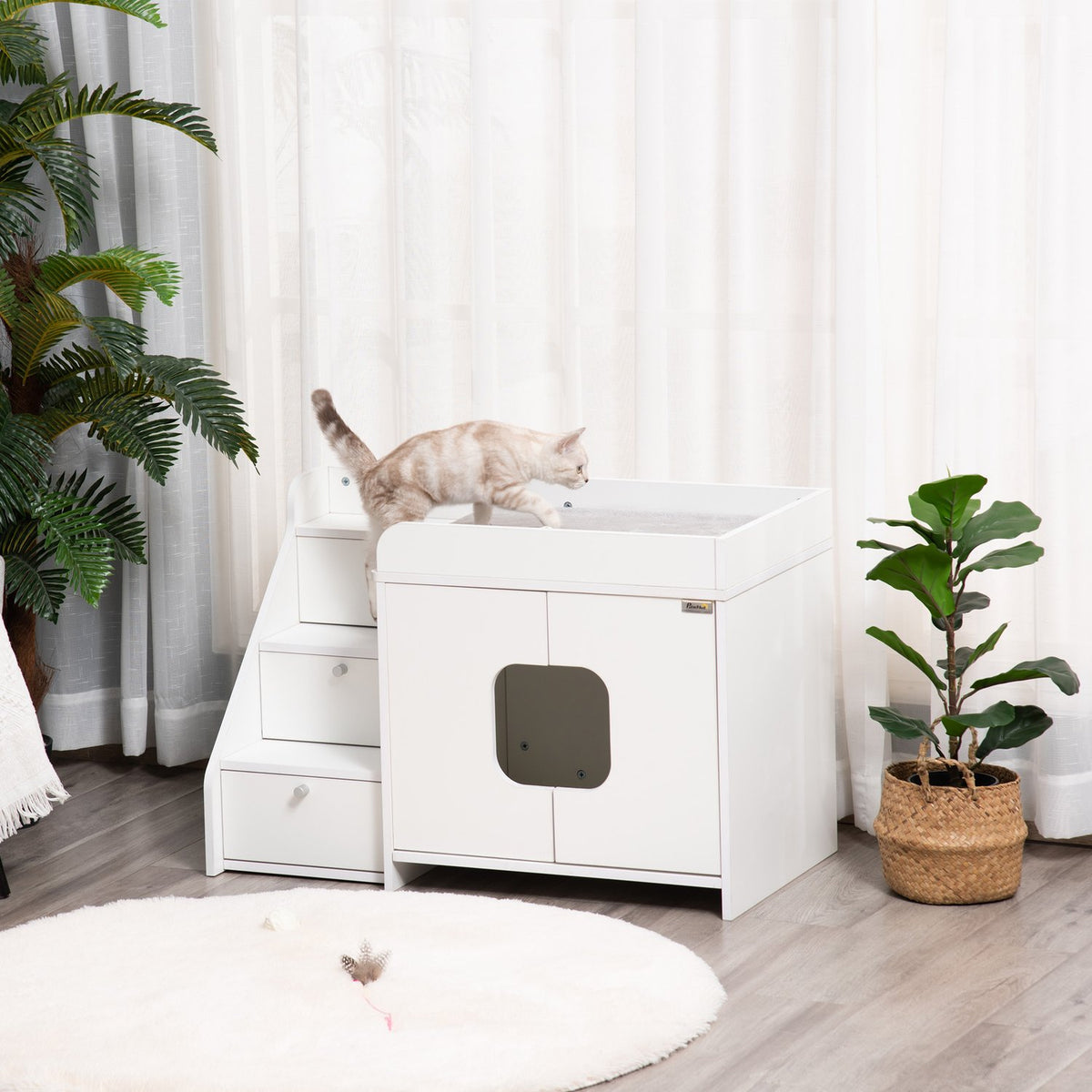 Cat Cabinet For Cat Litter Box Hidden Litter Box With 3-Step Stairs, Door Opening, Pb Plate, White, 90X48X59Cm