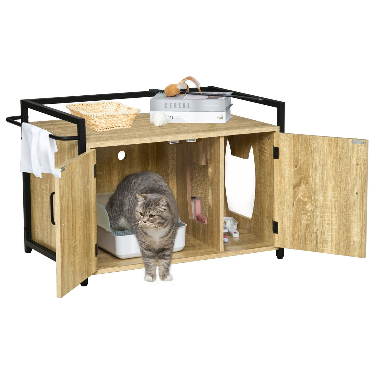 Cat Cabinet For Cat Toilet, Litter Box, Side Table, Cat House, Cat Chest Of Drawers, Cabinet, Chipboard, Natural Wood, 82.3 X 51 X 54 Cm