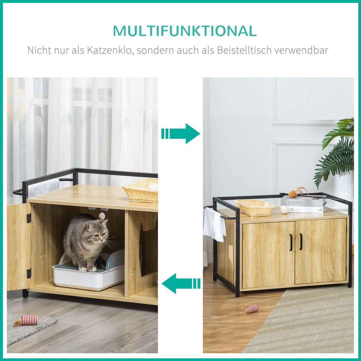 Cat Cabinet For Cat Toilet, Litter Box, Side Table, Cat House, Cat Chest Of Drawers, Cabinet, Chipboard, Natural Wood, 82.3 X 51 X 54 Cm