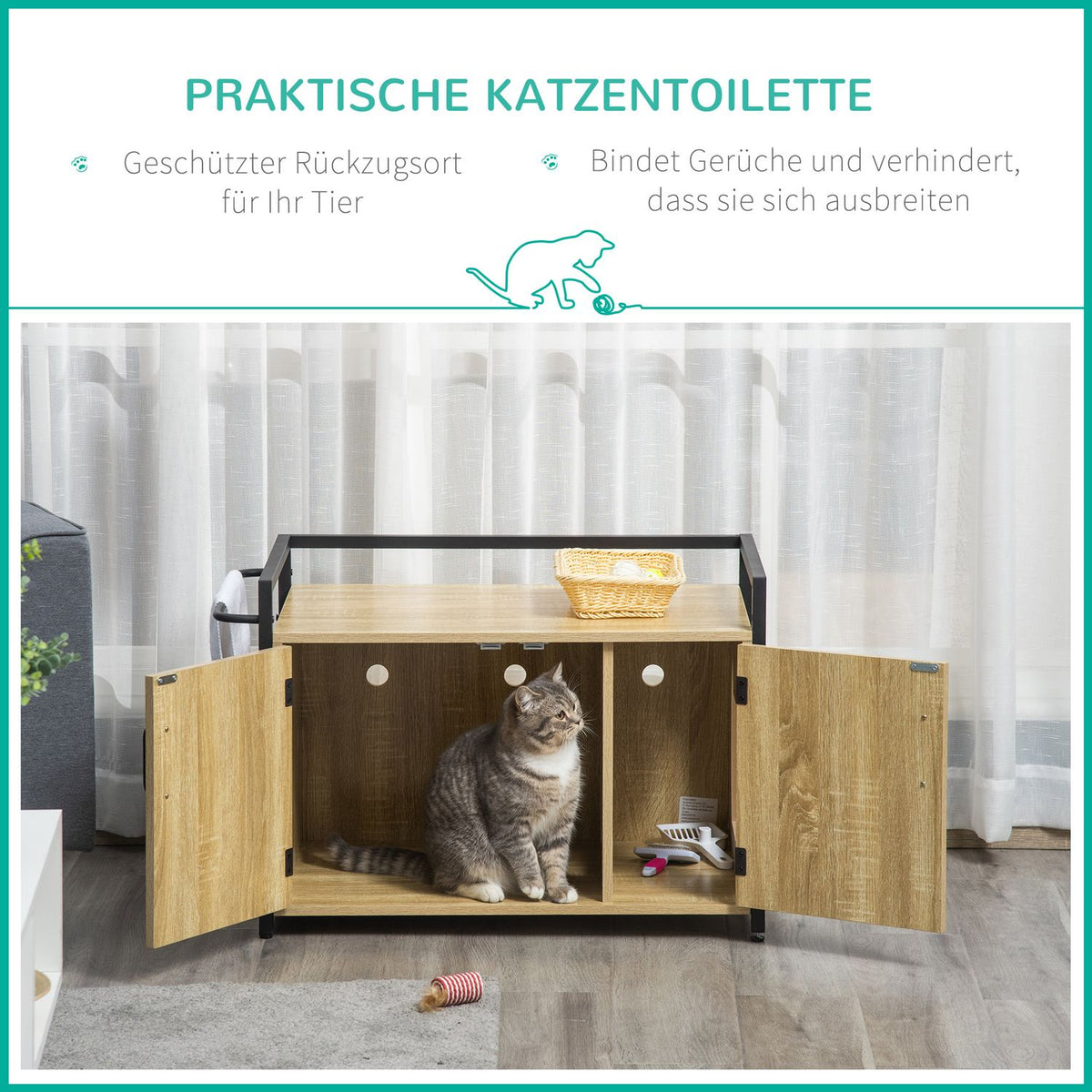 Cat Cabinet For Cat Toilet, Litter Box, Side Table, Cat House, Cat Chest Of Drawers, Cabinet, Chipboard, Natural Wood, 82.3 X 51 X 54 Cm