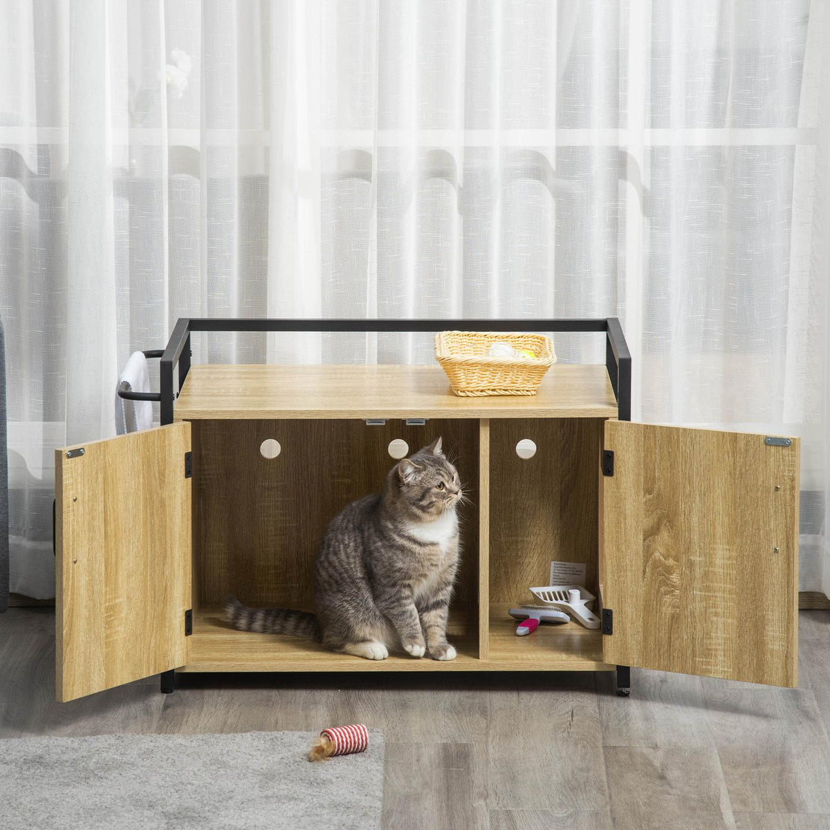 Cat Cabinet For Cat Toilet, Litter Box, Side Table, Cat House, Cat Chest Of Drawers, Cabinet, Chipboard, Natural Wood, 82.3 X 51 X 54 Cm