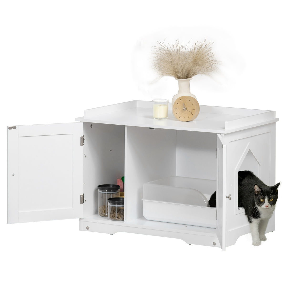 Cat Cabinet Litter Tray Adjustable Divider Magnetic Doors White 86X48X52Cm