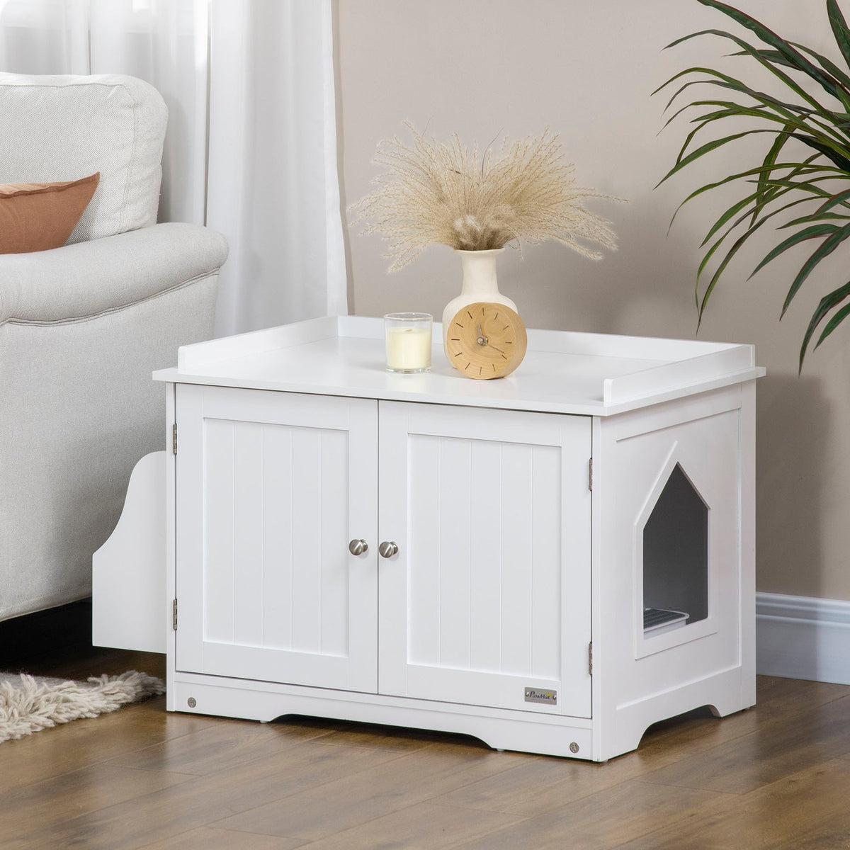 Cat Cabinet Litter Tray Adjustable Divider Magnetic Doors White 86X48X52Cm