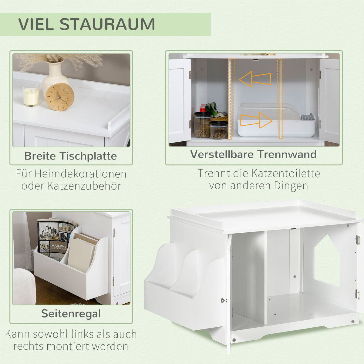 Cat Cabinet Litter Tray Adjustable Divider Magnetic Doors White 86X48X52Cm