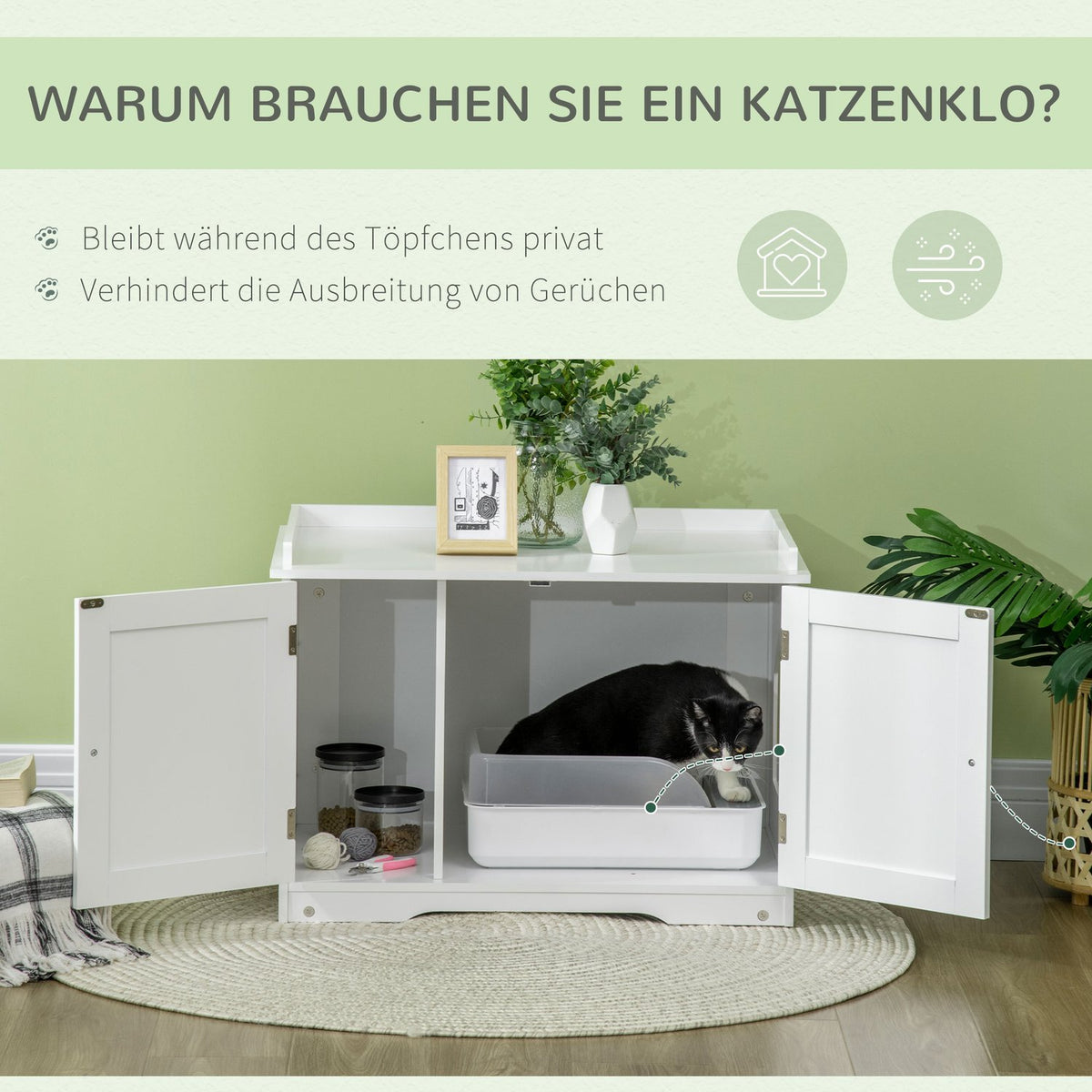Cat Cabinet Litter Tray Adjustable Divider Magnetic Doors White 86X48X52Cm