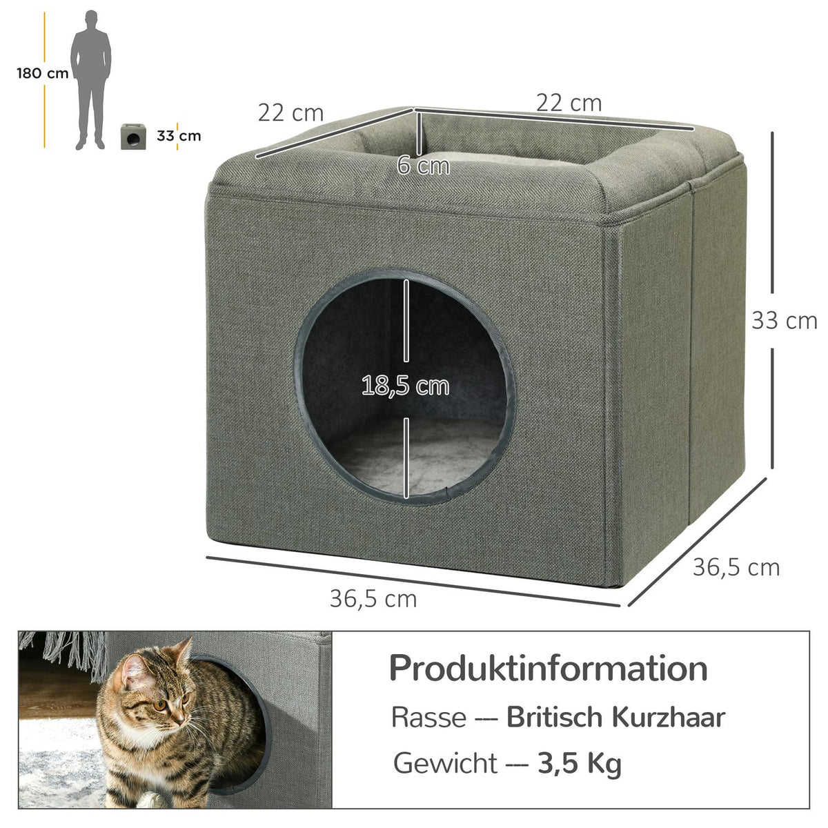 Cat Cave 36.5X36.5X33Cm Two-Story Cat House With Cushion, Dog House For Cats Up To 5Kg In Green