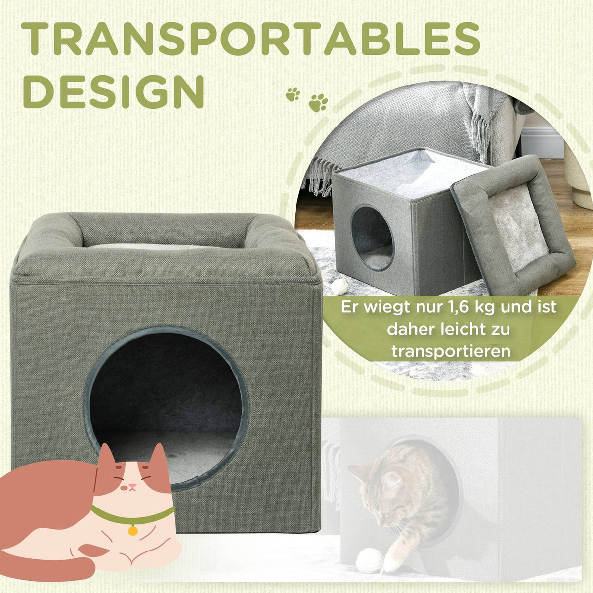 Cat Cave 36.5X36.5X33Cm Two-Story Cat House With Cushion, Dog House For Cats Up To 5Kg In Green