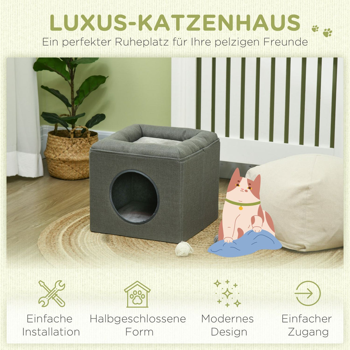 Cat Cave 36.5X36.5X33Cm Two-Story Cat House With Cushion, Dog House For Cats Up To 5Kg In Green