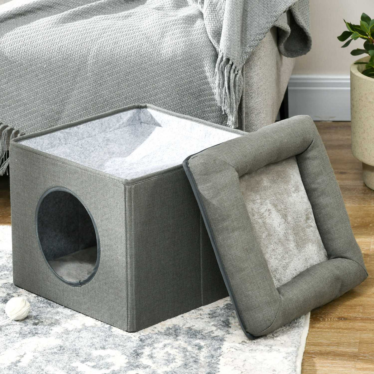 Cat Cave 36.5X36.5X33Cm Two-Story Cat House With Cushion, Dog House For Cats Up To 5Kg In Green