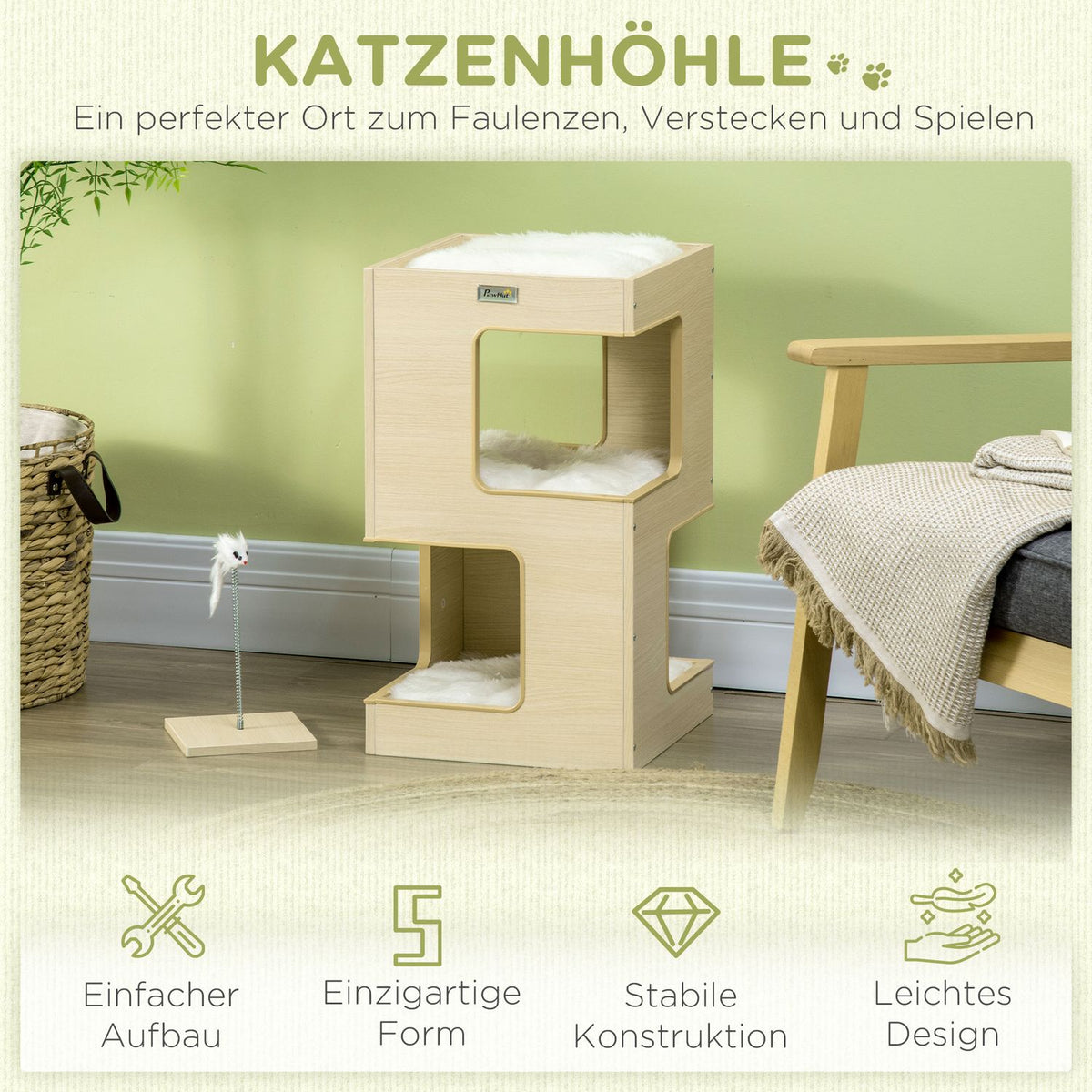 Cat Cave 3-Tier Cat Cabinet Cushion Indoor Cat House Cat House Toy Oak 34X34X60 Cm