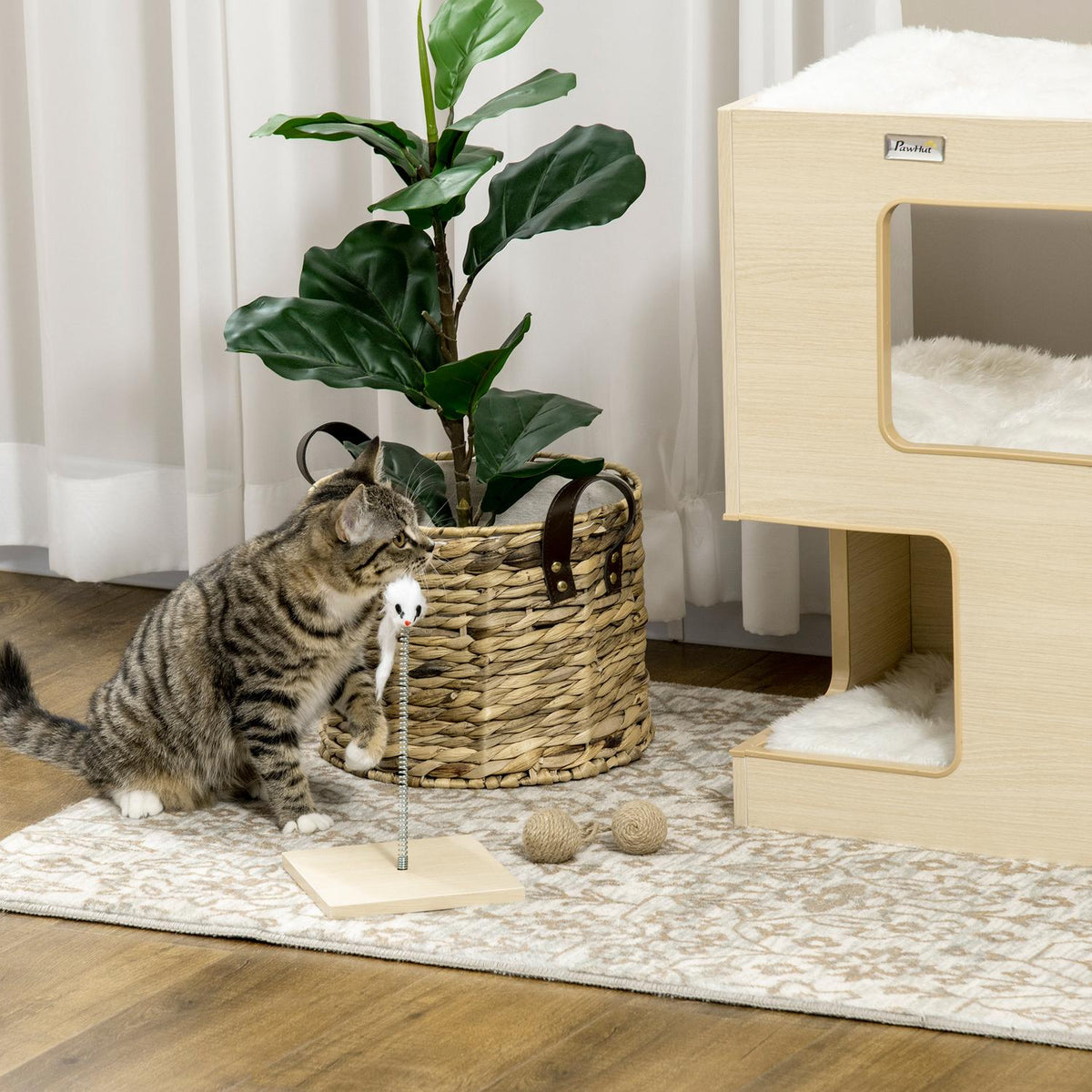 Cat Cave 3-Tier Cat Cabinet Cushion Indoor Cat House Cat House Toy Oak 34X34X60 Cm