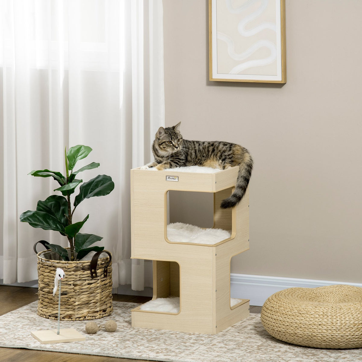 Cat Cave 3-Tier Cat Cabinet Cushion Indoor Cat House Cat House Toy Oak 34X34X60 Cm