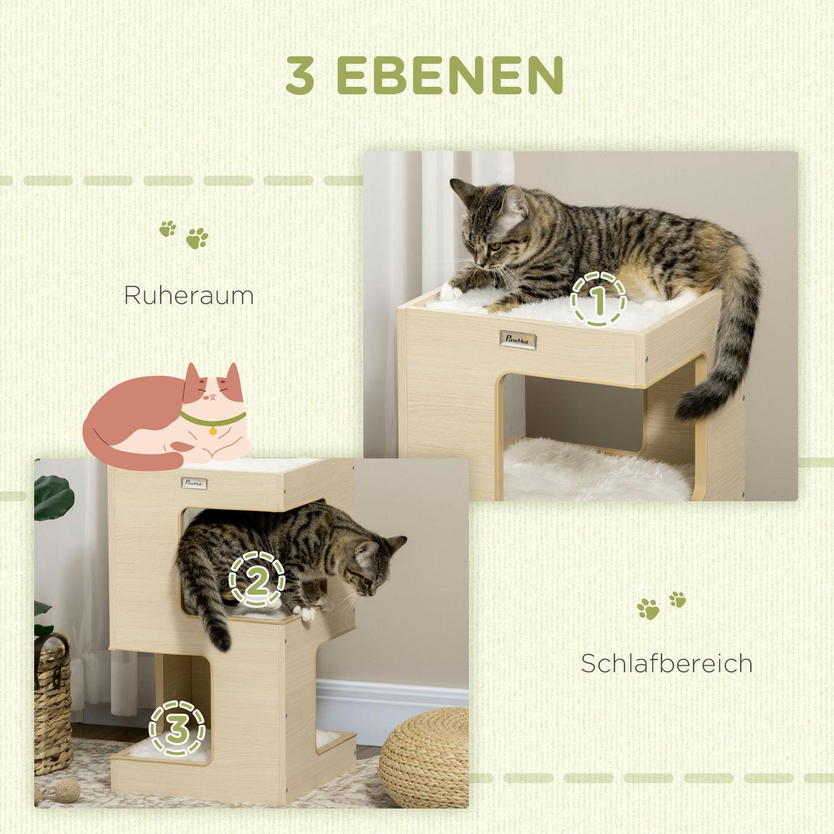 Cat Cave 3-Tier Cat Cabinet Cushion Indoor Cat House Cat House Toy Oak 34X34X60 Cm