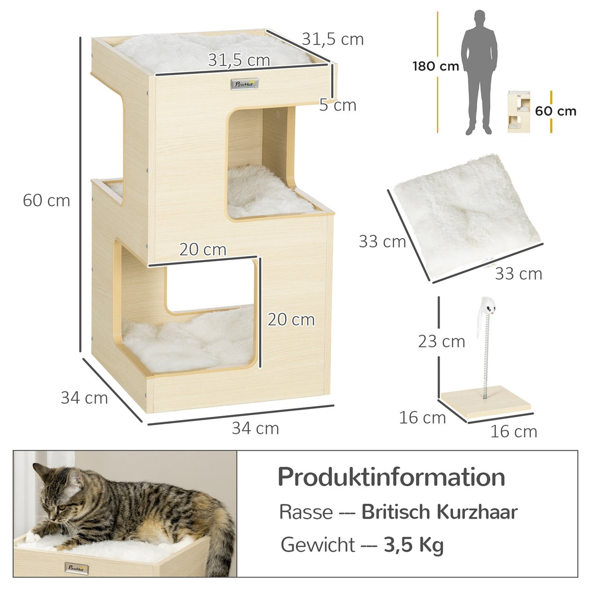 Cat Cave 3-Tier Cat Cabinet Cushion Indoor Cat House Cat House Toy Oak 34X34X60 Cm