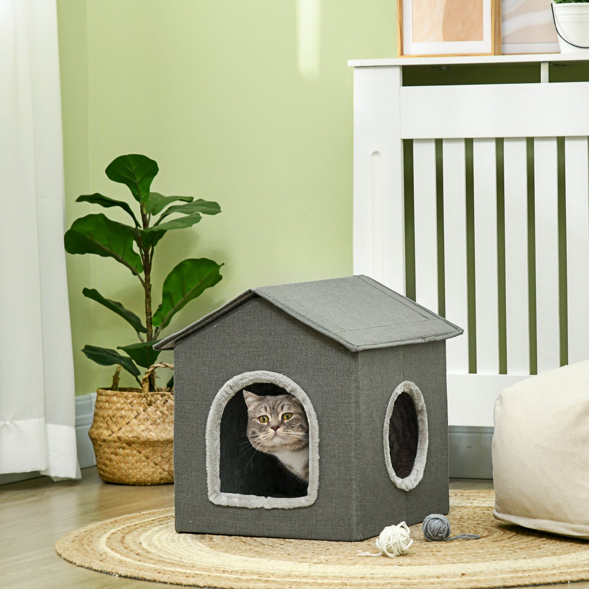 Cat Cave Cozy Cat House With Two Doors, Cushions, Cat Bed For Up To 5Kg, Polyester In Grey