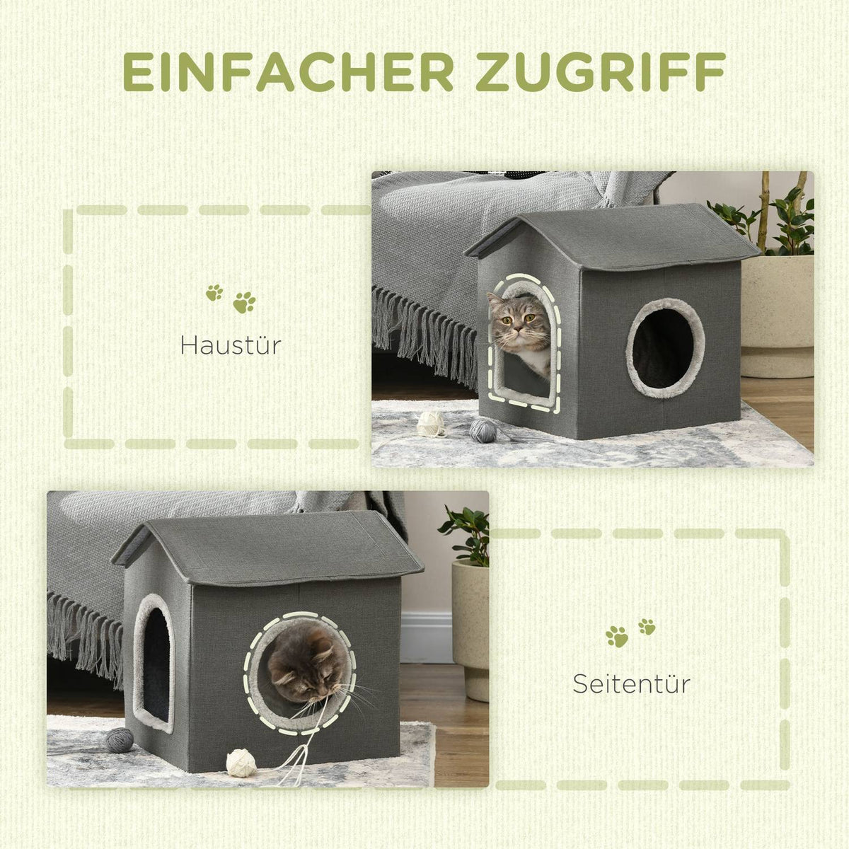 Cat Cave Cozy Cat House With Two Doors, Cushions, Cat Bed For Up To 5Kg, Polyester In Grey