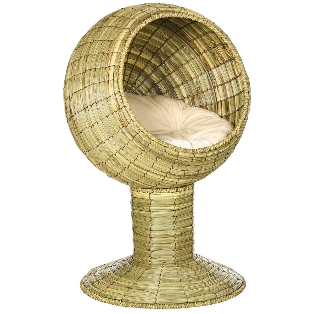 Cat Cave Modern Cat Basket With Cushion, Seagrass, Removable Base, For Living Room, 41X41X71.5Cm