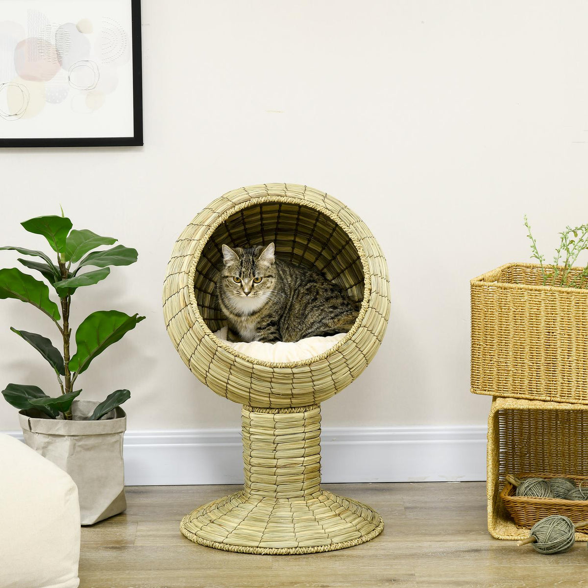 Cat Cave Modern Cat Basket With Cushion, Seagrass, Removable Base, For Living Room, 41X41X71.5Cm