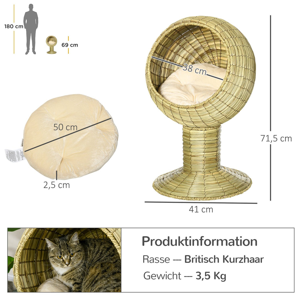 Cat Cave Modern Cat Basket With Cushion, Seagrass, Removable Base, For Living Room, 41X41X71.5Cm