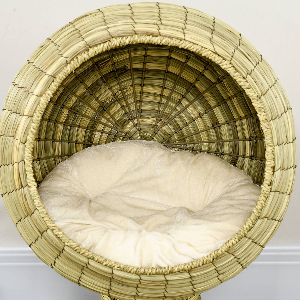 Cat Cave Modern Cat Basket With Cushion, Seagrass, Removable Base, For Living Room, 41X41X71.5Cm